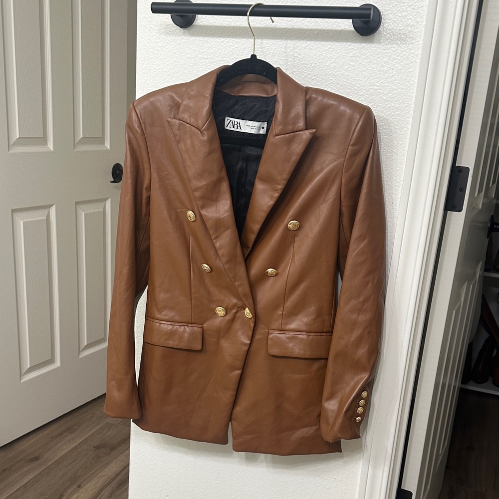 Zara Women's Tan Leather Blazer with Gold Buttons